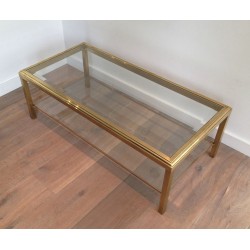 Brass Coffee Table with Two Glass Shelves and Bevelled Glass Top, French Work, Circa 1970