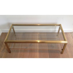 Brass Coffee Table with Two Glass Shelves and Bevelled Glass Top, French Work, Circa 1970