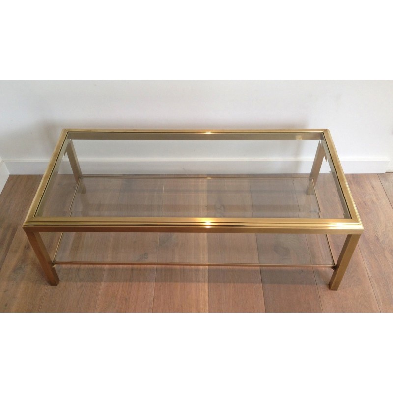 Table Basse en Laiton à Double Plateau de Verre, Plateau Supérieur Biseauté, Travail Français, Vers 1970