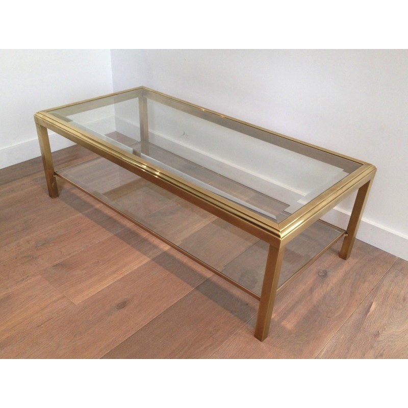 Table Basse en Laiton à Double Plateau de Verre, Plateau Supérieur Biseauté, Travail Français, Vers 1970