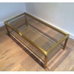 Table Basse en Laiton à Double Plateau de Verre, Plateau Supérieur Biseauté, Travail Français, Vers 1970