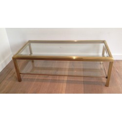 Brass Coffee Table with Two Glass Shelves and Bevelled Glass Top, French Work, Circa 1970