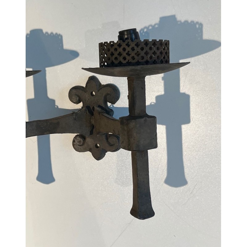 Pair of Gothic Style Wrought Iron Wall Lights with 2 Arms