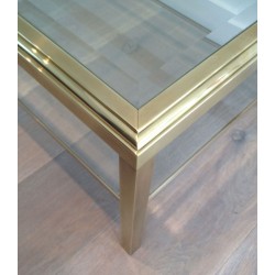 Brass Coffee Table with Two Glass Shelves and Bevelled Glass Top, French Work, Circa 1970