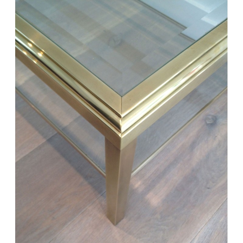 Table Basse en Laiton à Double Plateau de Verre, Plateau Supérieur Biseauté, Travail Français, Vers 1970