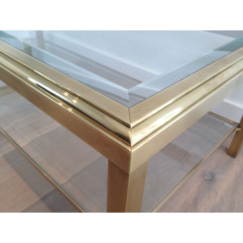 Table Basse en Laiton à Double Plateau de Verre, Plateau Supérieur Biseauté, Travail Français, Vers 1970