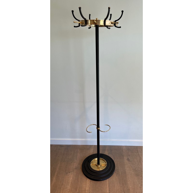 Porte-Manteau en Métal Laqué Noir et Laiton par Jacques Adnet, Travail Français, Vers 1950