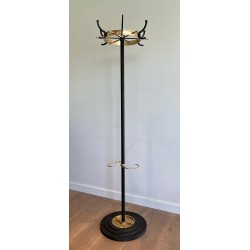 Porte-Manteau en Métal Laqué Noir et Laiton par Jacques Adnet, Travail Français, Vers 1950