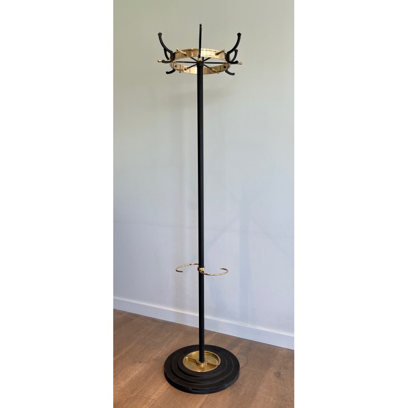 Black Lacquered Metal and Brass Coat Stand by Jacques Adnet, French Work, Circa 1950
