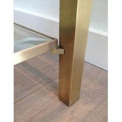 Table Basse en Laiton à Double Plateau de Verre, Plateau Supérieur Biseauté, Travail Français, Vers 1970