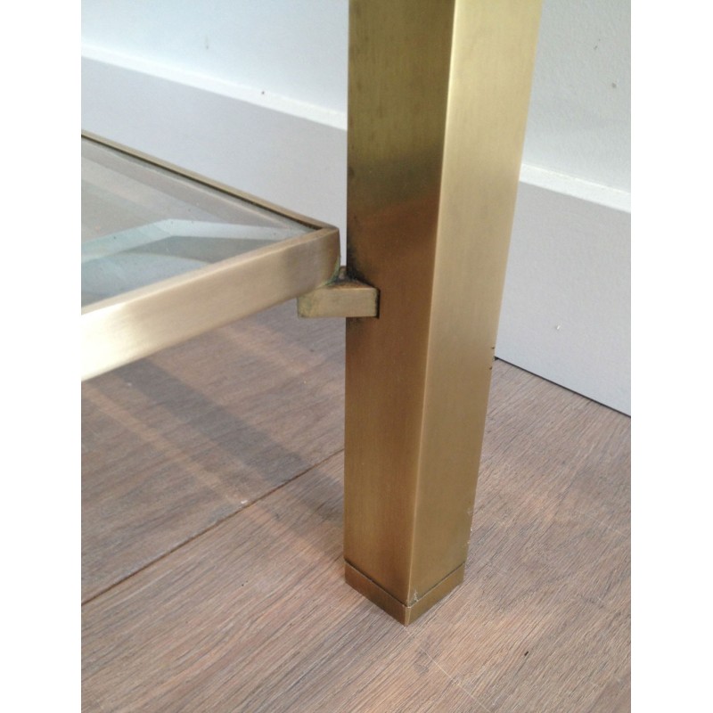 Table Basse en Laiton à Double Plateau de Verre, Plateau Supérieur Biseauté, Travail Français, Vers 1970