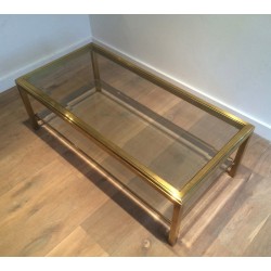 Brass Coffee Table with Two Glass Shelves and Bevelled Glass Top, French Work, Circa 1970