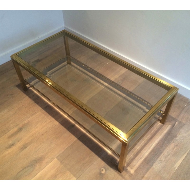 Table Basse en Laiton à Double Plateau de Verre, Plateau Supérieur Biseauté, Travail Français, Vers 1970