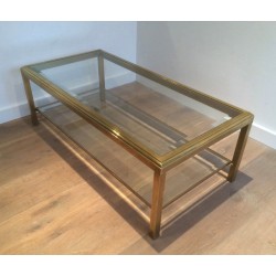 Table Basse en Laiton à Double Plateau de Verre, Plateau Supérieur Biseauté, Travail Français, Vers 1970