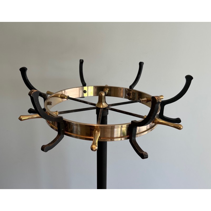 Black Lacquered Metal and Brass Coat Stand by Jacques Adnet, French Work, Circa 1950