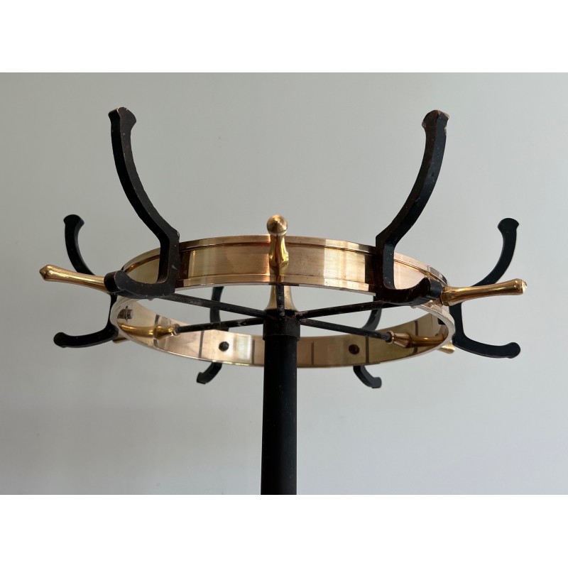 Black Lacquered Metal and Brass Coat Stand by Jacques Adnet, French Work, Circa 1950