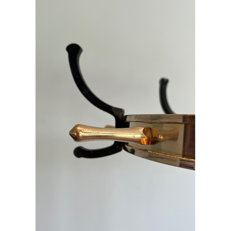 Black Lacquered Metal and Brass Coat Stand by Jacques Adnet, French Work, Circa 1950