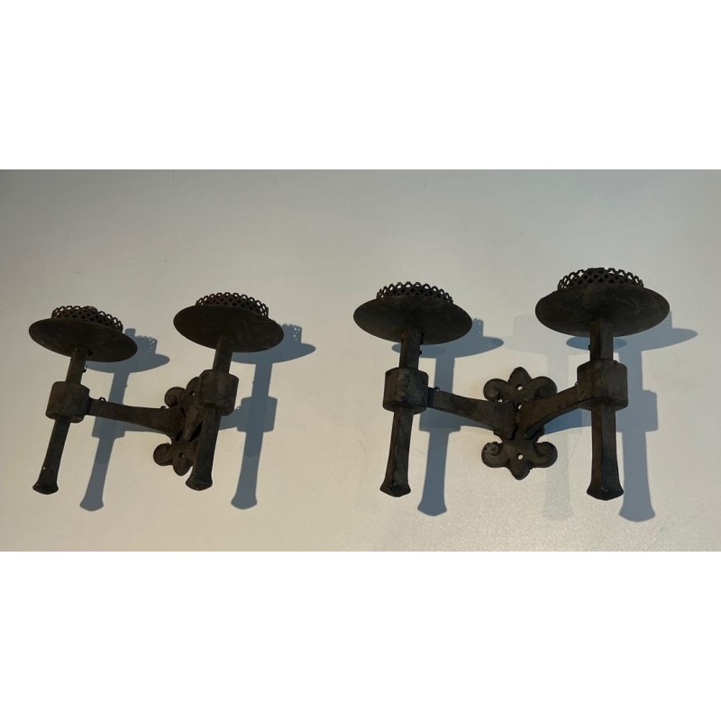 Pair of Gothic Style Wrought Iron Wall Lights with 2 Arms