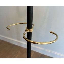 Black Lacquered Metal and Brass Coat Stand by Jacques Adnet, French Work, Circa 1950