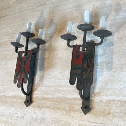 Large Pair of Wrought Iron Wall Lights with Coat of Arms and 3 Light Arms in the Gothic Style