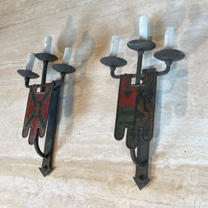 Large Pair of Wrought Iron Wall Lights with Coat of Arms and 3 Light Arms in the Gothic Style