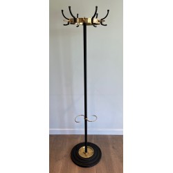 Black Lacquered Metal and Brass Coat Stand by Jacques Adnet, French Work, Circa 1950