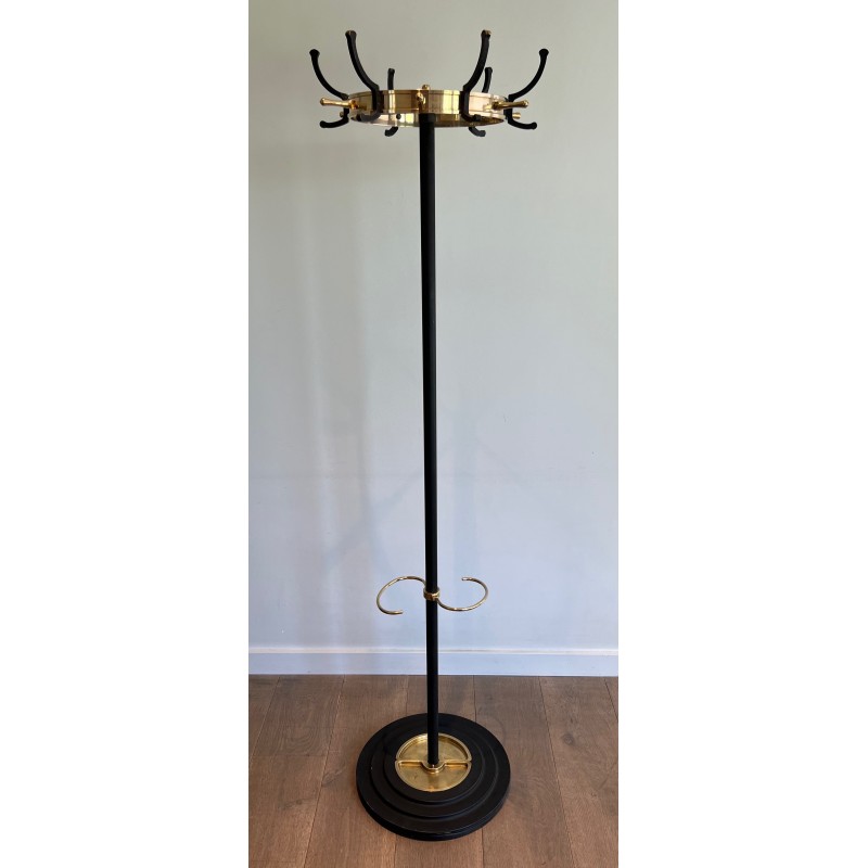 Black Lacquered Metal and Brass Coat Stand by Jacques Adnet, French Work, Circa 1950