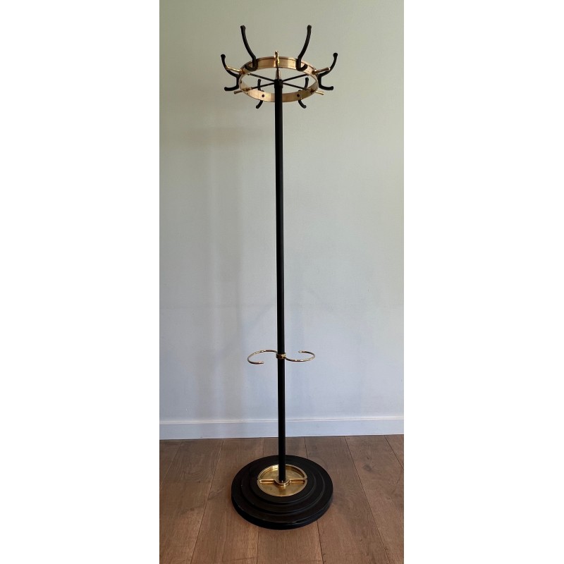 Porte-Manteau en Métal Laqué Noir et Laiton par Jacques Adnet, Travail Français, Vers 1950