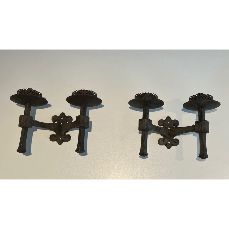 Pair of Gothic Style Wrought Iron Wall Lights with 2 Arms