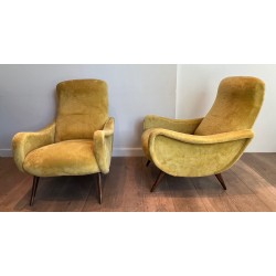 Pair of Design Armchairs in Yellow Velvet by Marco Zanuso, Italian Work, Circa 1960