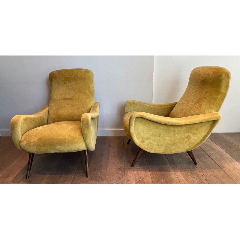 Pair of Design Armchairs in Yellow Velvet by Marco Zanuso, Italian Work, Circa 1960