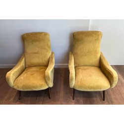 Pair of Design Armchairs in Yellow Velvet by Marco Zanuso, Italian Work, Circa 1960