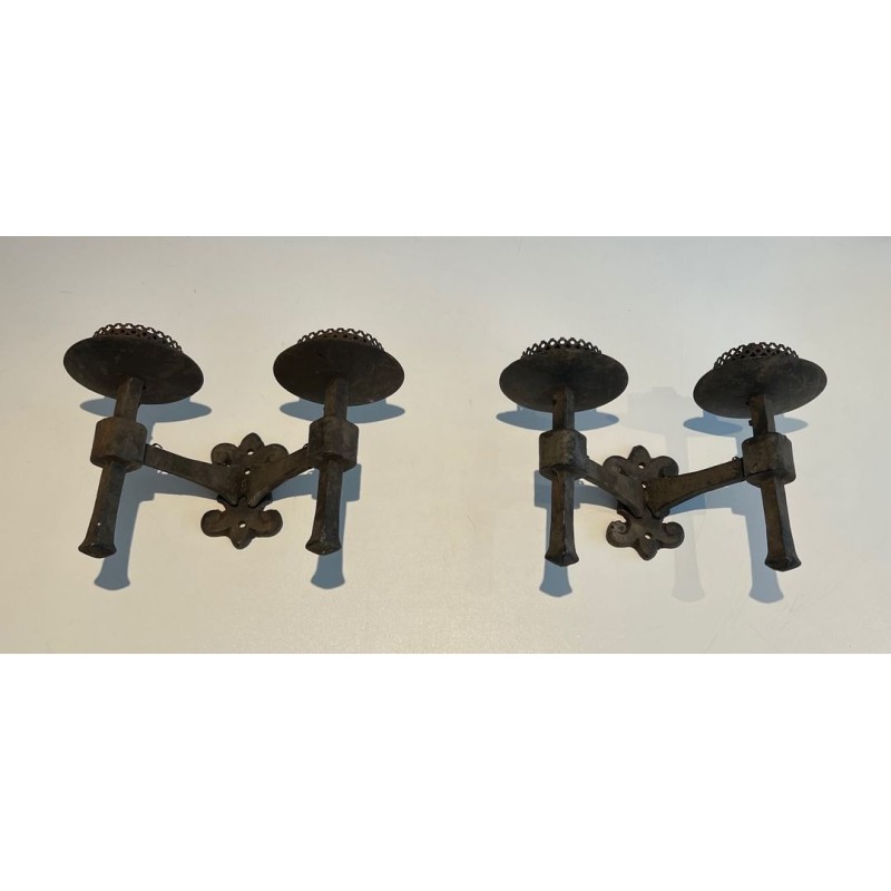 Pair of Gothic Style Wrought Iron Wall Lights with 2 Arms