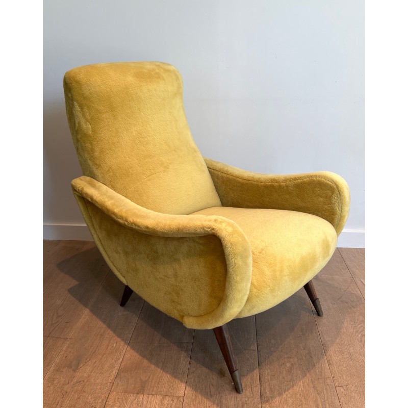 Pair of Design Armchairs in Yellow Velvet by Marco Zanuso, Italian Work, Circa 1960