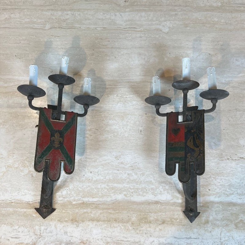 Large Pair of Wrought Iron Wall Lights with Coat of Arms and 3 Light Arms in the Gothic Style