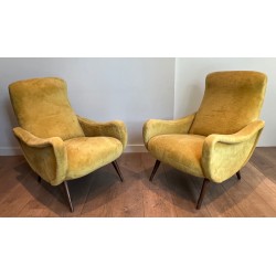 Pair of Design Armchairs in Yellow Velvet by Marco Zanuso, Italian Work, Circa 1960