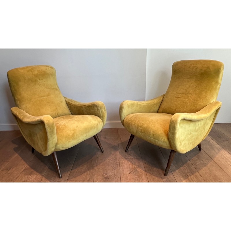 Pair of Design Armchairs in Yellow Velvet by Marco Zanuso, Italian Work, Circa 1960