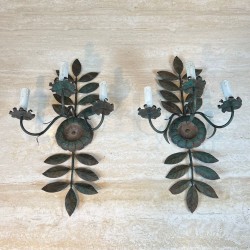 Pair of Decorative Wall Sconces with Sunflowers and Foliage in Patinated Metal