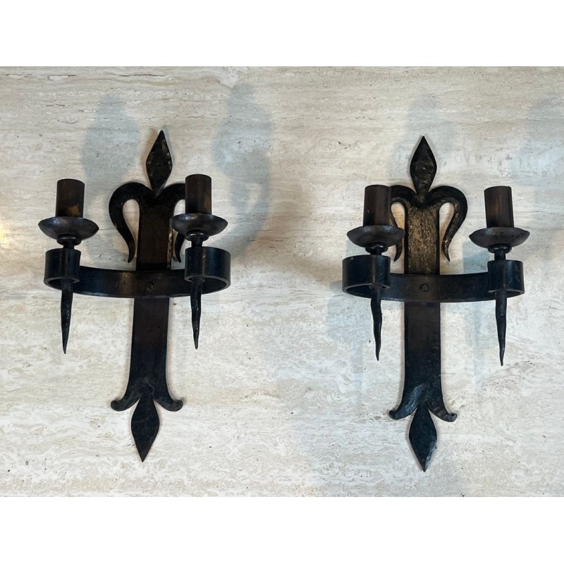 Large Pair of "Fleurs de Lys" Wrought Iron Wall Lights with 2 Arms in the Gothic Style