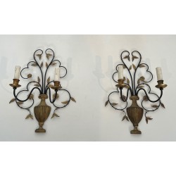 Pair of Large Decorative Wrought and Gilded Iron Wall Lights in the Form of Flower Bouquets, French Work, Circa 1940