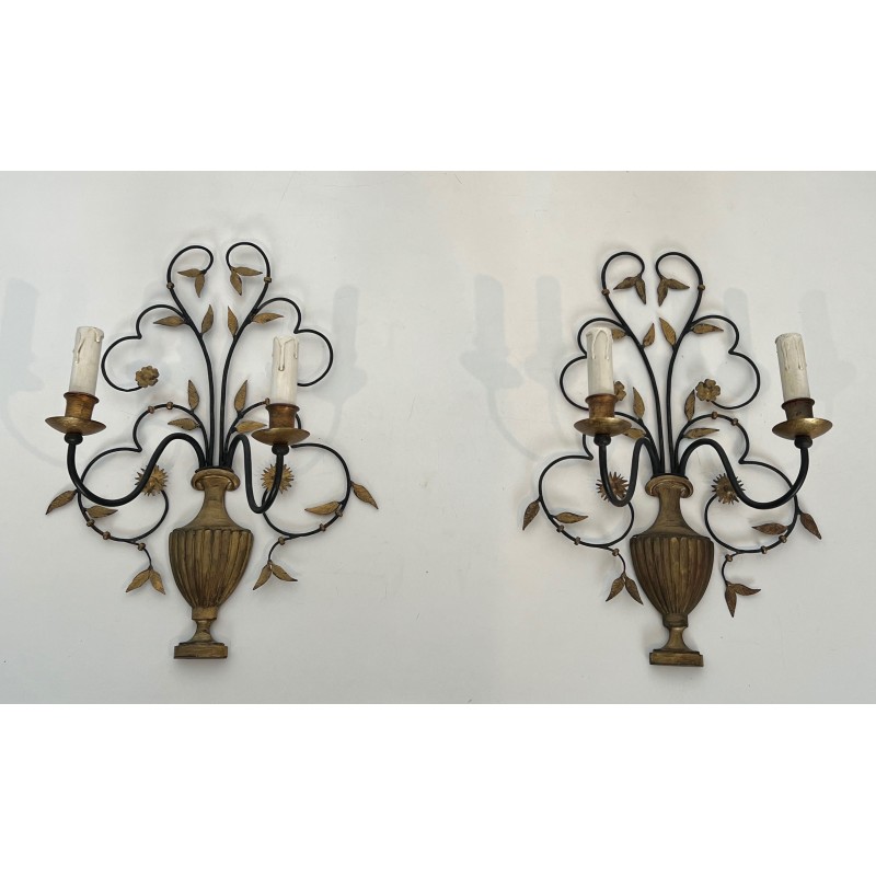 Pair of Large Decorative Wrought and Gilded Iron Wall Lights in the Form of Flower Bouquets, French Work, Circa 1940