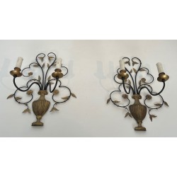 Pair of Large Decorative Wrought and Gilded Iron Wall Lights in the Form of Flower Bouquets, French Work, Circa 1940