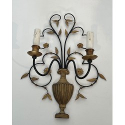 Pair of Large Decorative Wrought and Gilded Iron Wall Lights in the Form of Flower Bouquets, French Work, Circa 1940