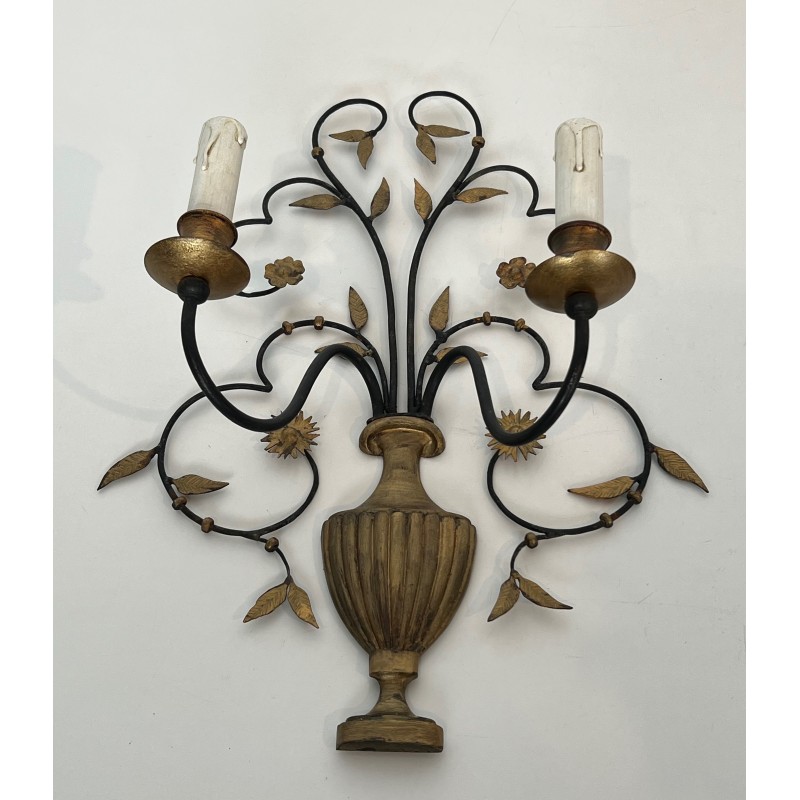 Pair of Large Decorative Wrought and Gilded Iron Wall Lights in the Form of Flower Bouquets, French Work, Circa 1940