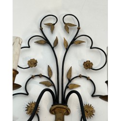 Pair of Large Decorative Wrought and Gilded Iron Wall Lights in the Form of Flower Bouquets, French Work, Circa 1940