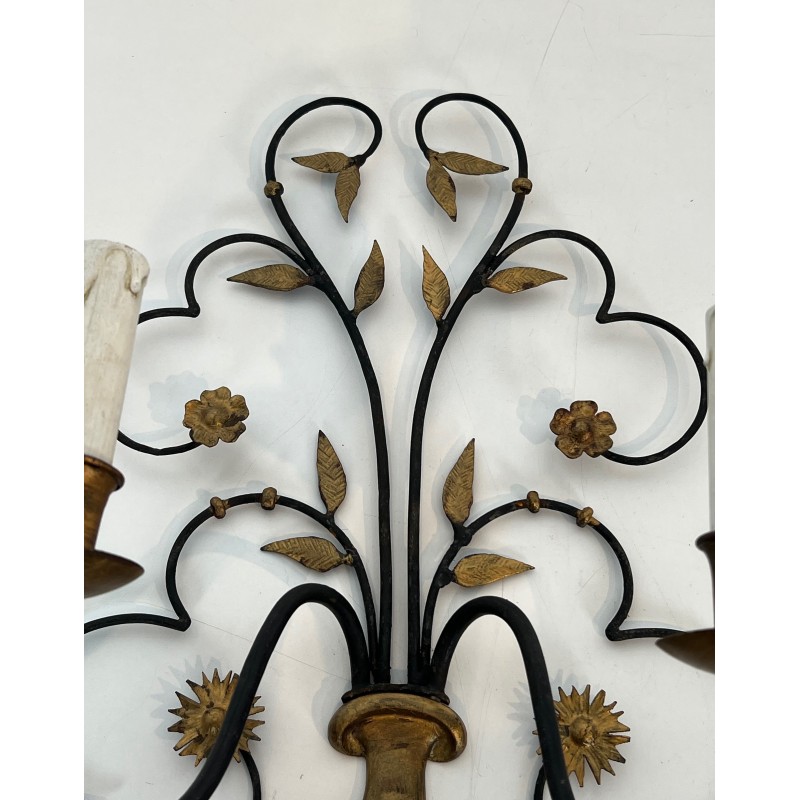 Pair of Large Decorative Wrought and Gilded Iron Wall Lights in the Form of Flower Bouquets, French Work, Circa 1940