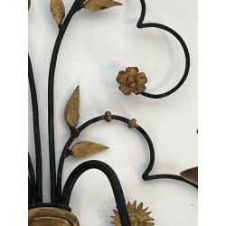 Pair of Large Decorative Wrought and Gilded Iron Wall Lights in the Form of Flower Bouquets, French Work, Circa 1940