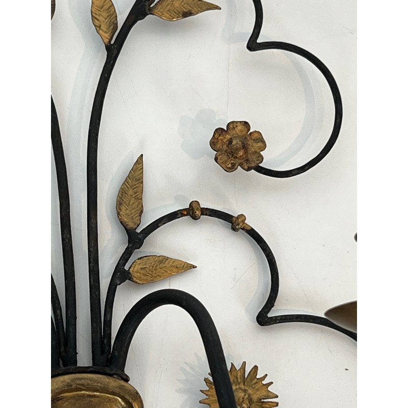 Pair of Large Decorative Wrought and Gilded Iron Wall Lights in the Form of Flower Bouquets, French Work, Circa 1940