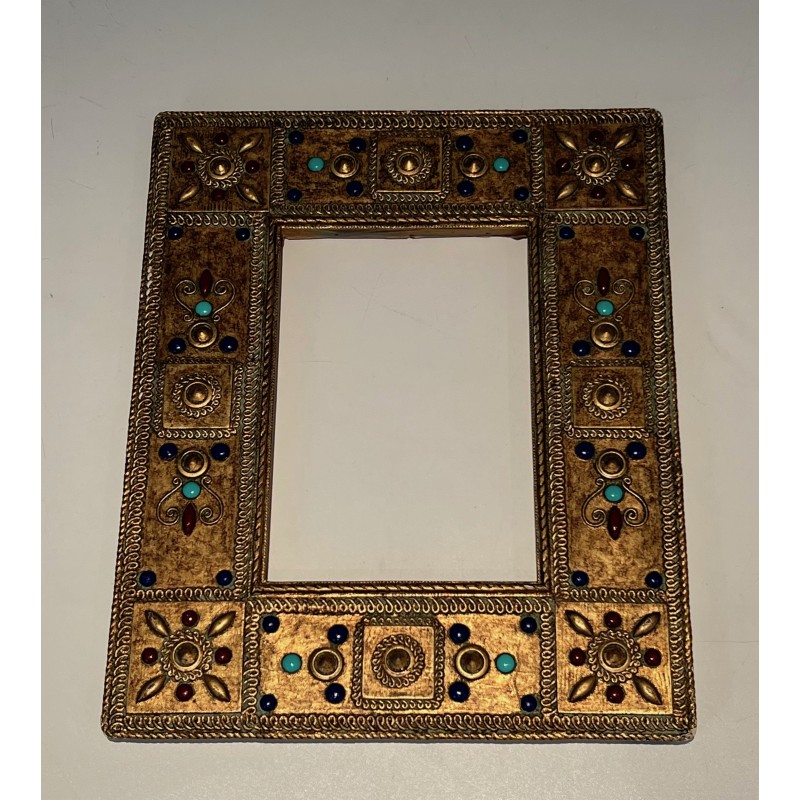 Small Rectangular Ceramic Frame with Semi-Precious Stone Incrustations, French Work, Circa 1970
