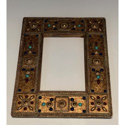 Small Rectangular Ceramic Frame with Semi-Precious Stone Incrustations, French Work, Circa 1970
